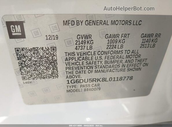 1G6DU5RK8L0118778 2020 CADILLAC CT5 White Engine compartment view
