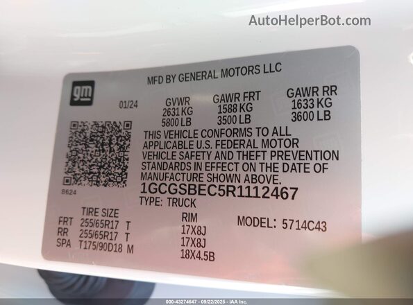 1GCGSBEC5R1112467 2024 CHEVROLET COLORADO White 