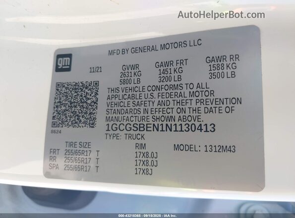 1GCGSBEN1N1130413 2022 CHEVROLET COLORADO White Vista del compartimento del motor