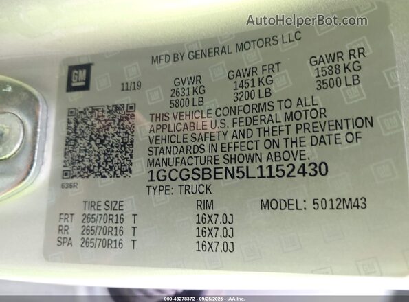 1GCGSBEN5L1152430 2020 CHEVROLET COLORADO Silver Vista del compartimento del motor