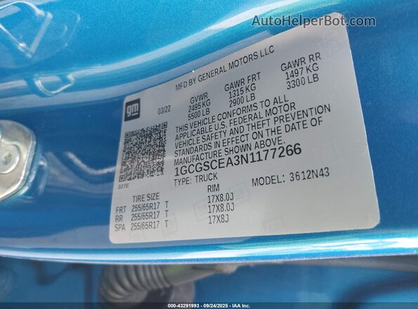 1GCGSCEA3N1177266 2022 CHEVROLET COLORADO Blue Vista del compartimento del motor