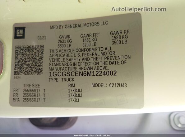 1GCGSCEN6M1224002 2021 CHEVROLET COLORADO White Vista del compartimento del motor