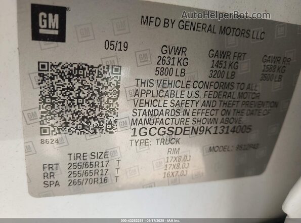 1GCGSDEN9K1314005 2019 CHEVROLET COLORADO White ძრავის განყოფილების ხედი