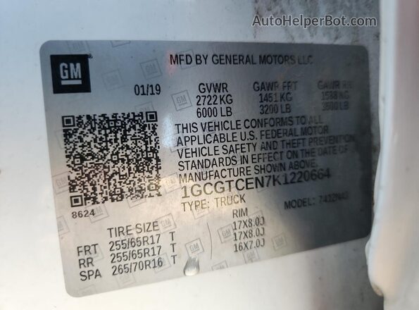 1GCGTCEN7K1220664 2019 CHEVROLET COLORADO White Вид підкапотного простору
