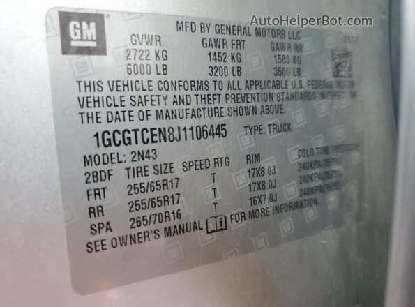 1GCGTCEN8J1106445 2018 CHEVROLET COLORADO Silver 