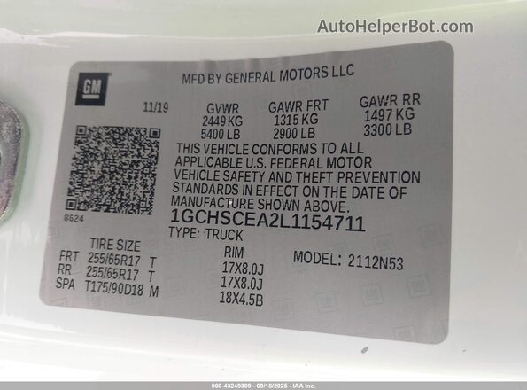 1GCHSCEA2L1154711 2020 CHEVROLET COLORADO White Vista del compartimento del motor