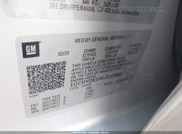 1GCRYDED3LZ233681 2020 CHEVROLET SILVERADO Серебряный Вид подкапотного пространства