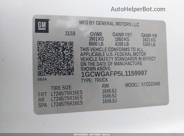1GCWGAFP5L1159997 2020 CHEVROLET EXPRESS Белый Вид подкапотного пространства