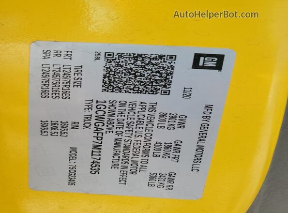 1GCWGAFP7M1174535 2021 CHEVROLET EXPRESS Yellow VIN sticker view