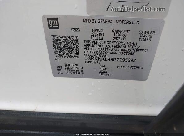 1GKKNKL48PZ195392 2023 GMC ACADIA White 