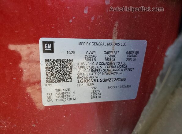 1GKKNKLS3MZ126166 2021 GMC ACADIA Red VIN კოდის სტიკერის ხედი