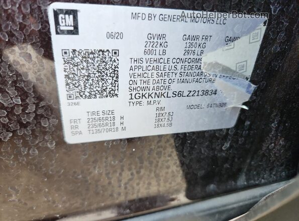 1GKKNKLS6LZ213834 2020 GMC ACADIA Purple VIN կոդի պիտակի տեսք