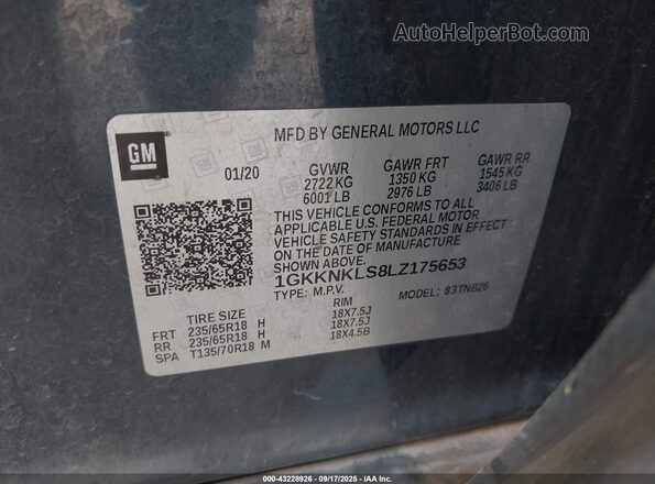 1GKKNKLS8LZ175653 2020 GMC ACADIA Blue Вид підкапотного простору