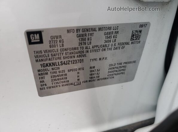 1GKKNLLS4JZ123701 2018 GMC ACADIA White 
