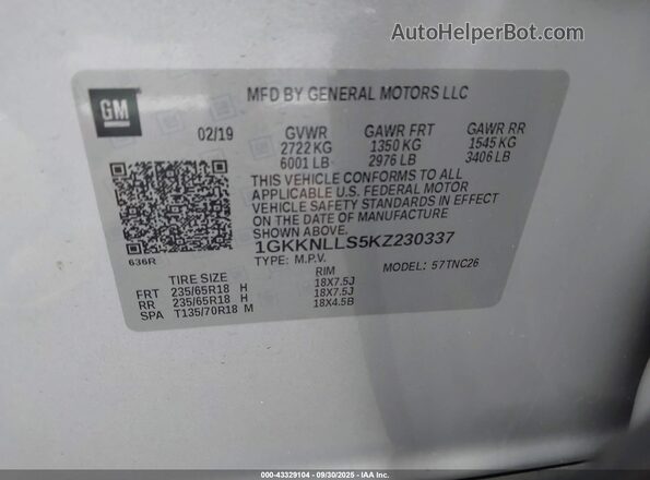 1GKKNLLS5KZ230337 2019 GMC ACADIA Серебряный Вид подкапотного пространства