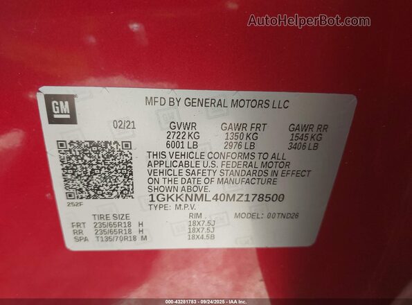 1GKKNML40MZ178500 2021 GMC ACADIA Maroon Շարժիչի բաժամունքի տեսք