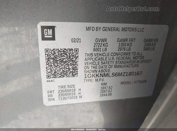 1GKKNMLS6MZ180167 2021 GMC ACADIA Gray Engine compartment view