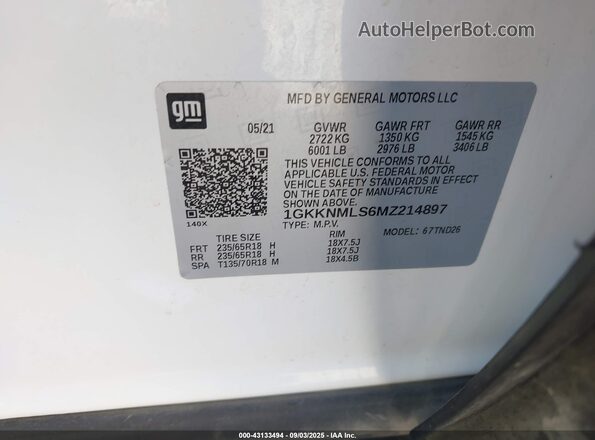 1GKKNMLS6MZ214897 2021 GMC ACADIA White 