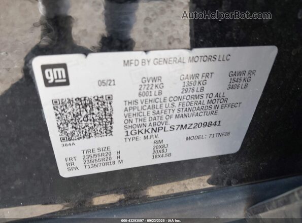 1GKKNPLS7MZ209841 2021 GMC ACADIA Black Widok komory silnika