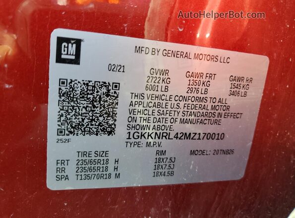 1GKKNRL42MZ170010 2021 GMC ACADIA Red VIN կոդի պիտակի տեսք