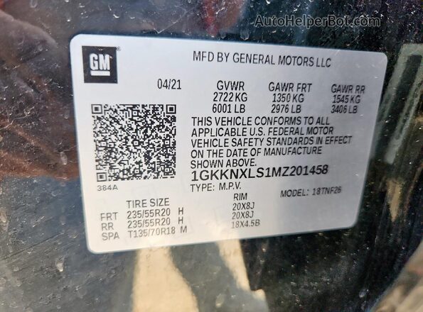 1GKKNXLS1MZ201458 2021 GMC ACADIA Black VIN sticker view