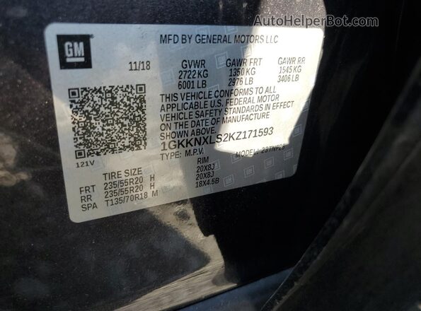 1GKKNXLS2KZ171593 2019 GMC ACADIA Gray Вид наклейки з VIN-кодом