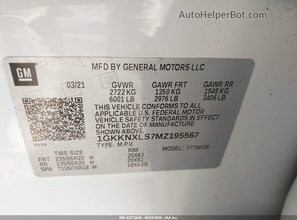 1GKKNXLS7MZ195567 2021 GMC ACADIA White Շարժիչի բաժամունքի տեսք