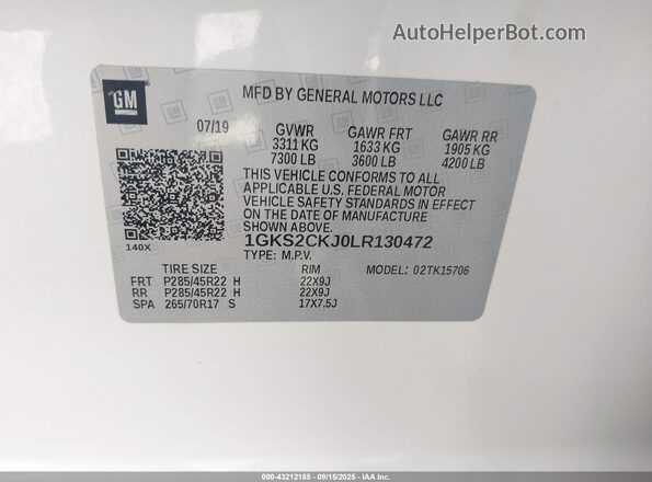 1GKS2CKJ0LR130472 2020 GMC YUKON White Вид підкапотного простору