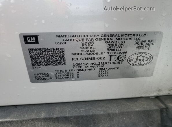 1GKS2DKL3MR100357 2021 GMC YUKON White Вид наклейки з VIN-кодом