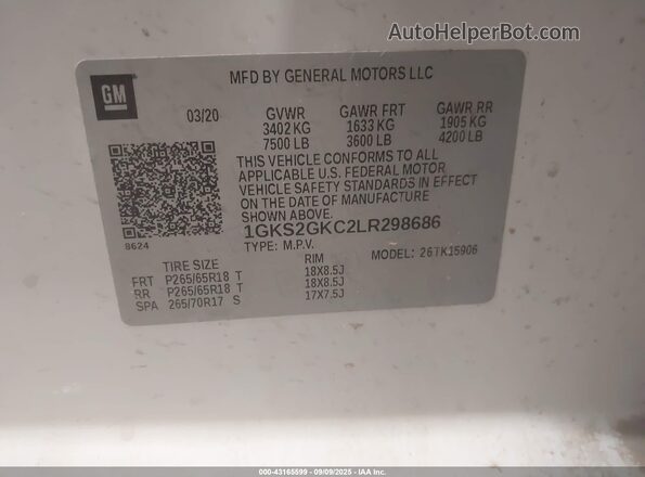 1GKS2GKC2LR298686 2020 GMC YUKON White Շարժիչի բաժամունքի տեսք