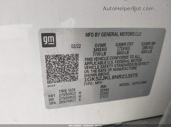 1GKS2JKL8NR213575 2022 GMC YUKON White 
