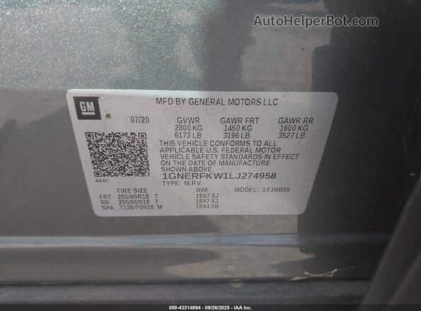 1GNERFKW1LJ274958 2020 CHEVROLET TRAVERSE Gray Engine compartment view
