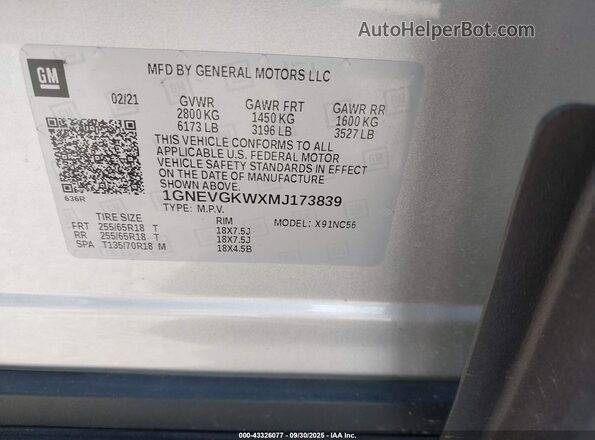 1GNEVGKWXMJ173839 2021 CHEVROLET TRAVERSE Silver Widok komory silnika