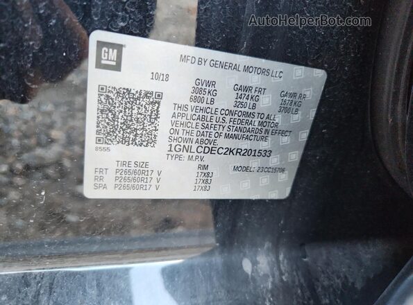1GNLCDEC2KR201533 2019 CHEVROLET TAHOE Black Widok naklejki z numerem VIN
