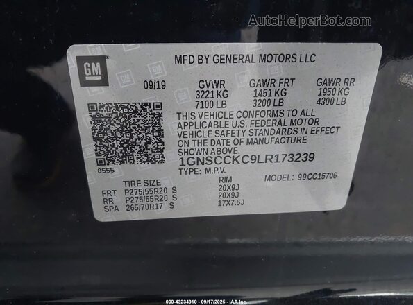 1GNSCCKC9LR173239 2020 CHEVROLET TAHOE Black Engine compartment view