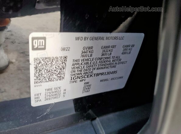 1GNSCEKT8PR130495 2023 CHEVROLET SUBURBAN Black VIN sticker view