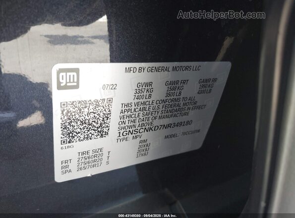 1GNSCNKD7NR349180 2022 CHEVROLET TAHOE Серый 