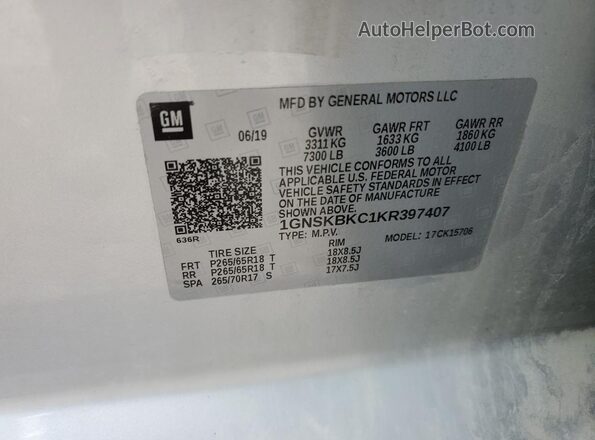 1GNSKBKC1KR397407 2019 CHEVROLET TAHOE Silver Вид наклейки з VIN-кодом