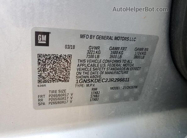 1GNSKDEC2JR296611 2018 CHEVROLET TAHOE Серебряный 
