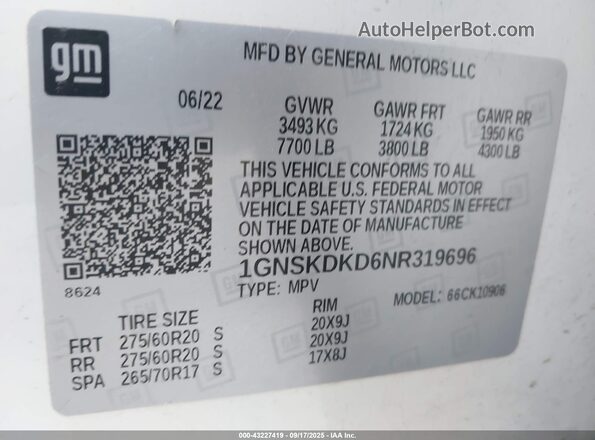 1GNSKDKD6NR319696 2022 CHEVROLET SUBURBAN Белый Вид подкапотного пространства