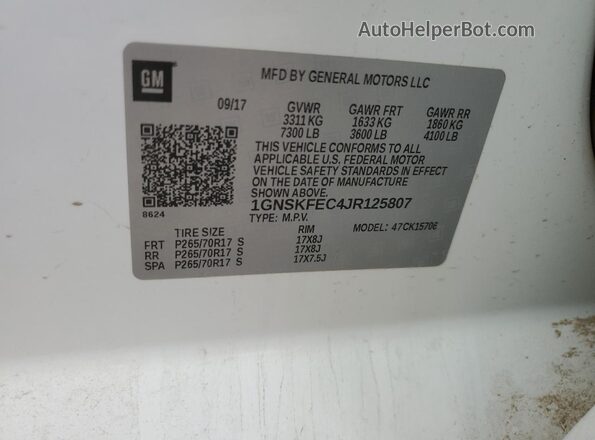 1GNSKFEC4JR125807 2018 CHEVROLET TAHOE Белый 