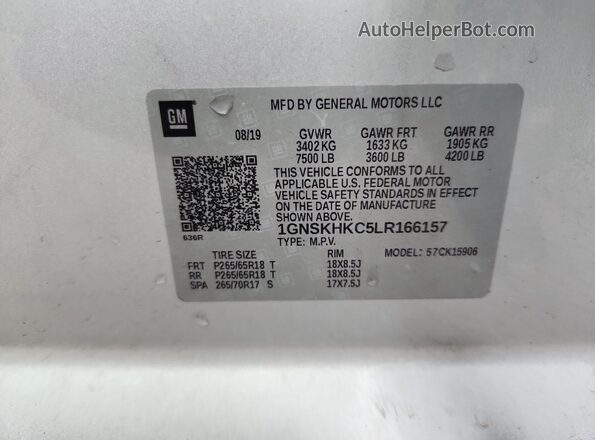 1GNSKHKC5LR166157 2020 CHEVROLET SUBURBAN Silver Vista de la etiqueta del VIN