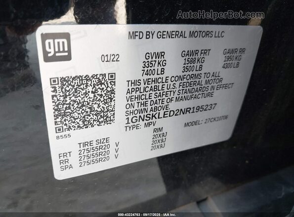 1GNSKLED2NR195237 2022 CHEVROLET TAHOE Black 