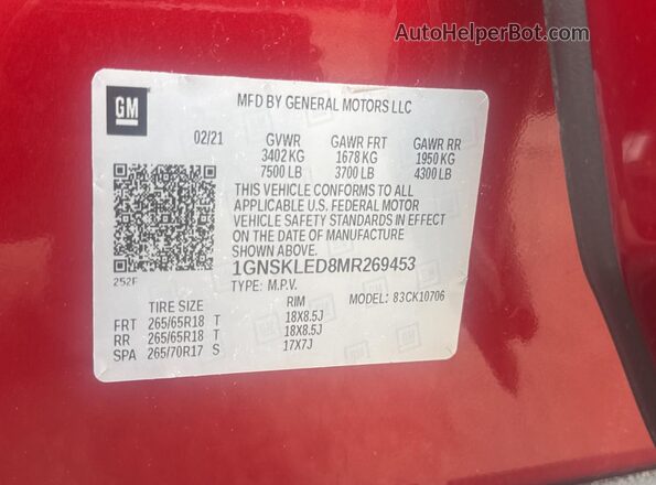 1GNSKLED8MR269453 2021 CHEVROLET TAHOE Red 