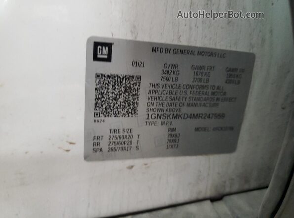 1GNSKMKD4MR247959 2021 CHEVROLET TAHOE White Vista de la etiqueta del VIN