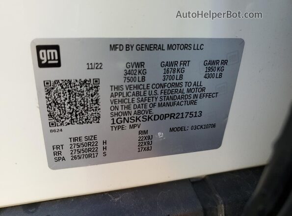 1GNSKSKD0PR217513 2023 CHEVROLET TAHOE White Widok wnętrza 360 stopni