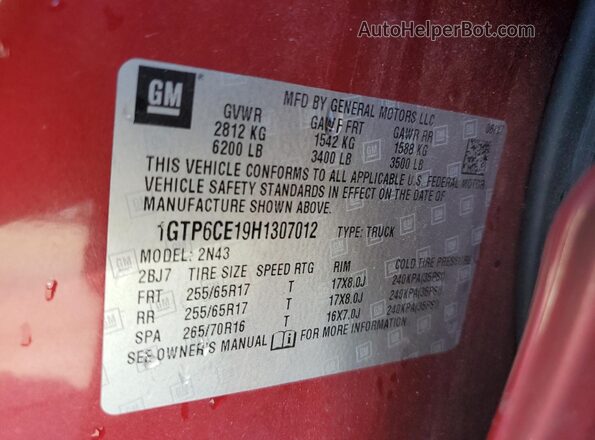 1GTP6CE19H1307012 2017 GMC CANYON Красный 