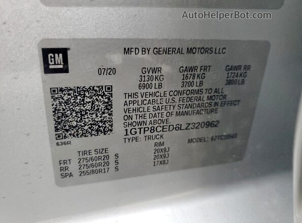 1GTP8CED6LZ320962 2020 GMC SIERRA Silver Widok naklejki z numerem VIN