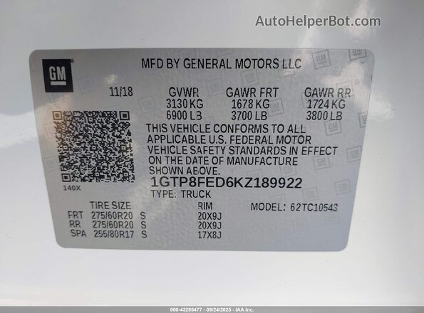 1GTP8FED6KZ189922 2019 GMC SIERRA Белый Вид подкапотного пространства