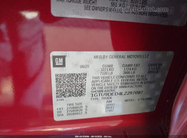 1GTU9DED4LZ297087 2020 GMC SIERRA Red Widok komory silnika